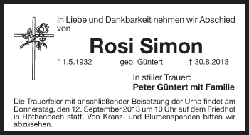 Traueranzeige von Rosi Simon von Pegnitz-Zeitung